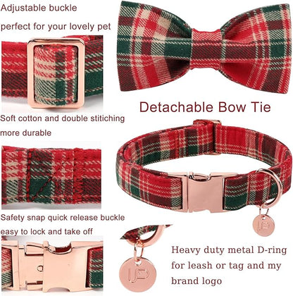 Christmas Plaid Dog Collar with Bow Tie– Adjustable Red & Green Checkered Dog Collar for Small Medium Large Dogs, Soft Xmas Plaid Puppy Collars with Quick Release Buckle M
