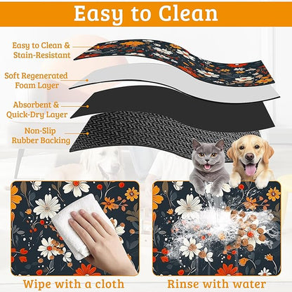 Floral Black Feeding Mat,Absorbent Quick-Dry Cat Dog Food and Water Bowl Mats,Non-Slip Rubber Backing Mat,Cat Dog Accessories Supplies 16" x 24"