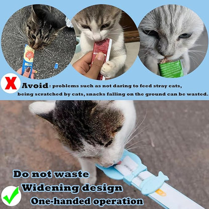 Cat Treat Spoon & 3 Pcs Can Lids | Cat Strip Feeder Squeeze for Liquid Snack | Universal Silicone Pet Can Covers BPA Free | Waste-Free Lickable Treat Feeder(Blue)