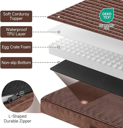 OhGeni Orthopedic Waterproof Top Surface & Machine Washable Dog Bed for Small Medium Pets, Suitable for Crates, Cat Mat with 25D Egg Crate Foam, Removable Cover, 30 Inches(Brown)