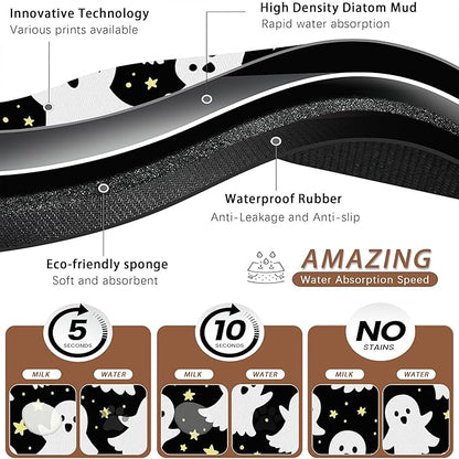 Halloween Pet Feeding Mat,Ghosts Absorbent Quick-Dry Cat Dog Food and Water Bowl Mats,Non-Slip Rubber Backing Mat,Cat Dog Accessories Supplies 12"x20"