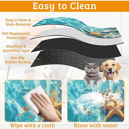 Starfish Shells Dog Cat Food Mat,Sea Beach Absorbent Waterproof Placemat for Food and Water Non Slip Rubber Backing Durable Feeding Pad for Clean Floors 12" x 20"