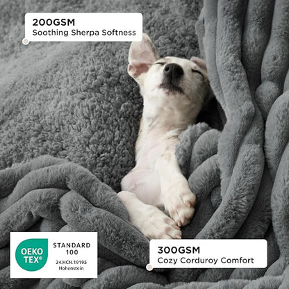 Bedsure ComfyFleece™ Waterproof Dog Blankets for Large Dogs - Soft Pet Cat Blanket Corduroy Fleece for Bed Protector Washable, Cozy Calming Reversible Furniture Protection,60"x80", Warm Grey