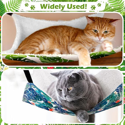 Jetec 2 Pack Cat Hammock for Cage, Catio Accessories Reversible Soft Cats Bed with Adjustable Straps and Hooks Double-Sided Linen and Fleece Hanging Hammock for Cats, Kitten(Monstera Leaf,M)