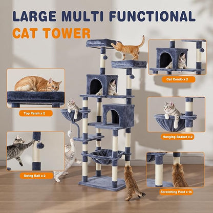 Sweetcrispy 71 inch Cat Tree Tower, Large Multi Level Cat Climbing Tower with Condo, Natural Sisal Scratching Posts, Platform, Hammock, Basket, Tall Pet Tree House for Indoor Cats Play, Dark Blue