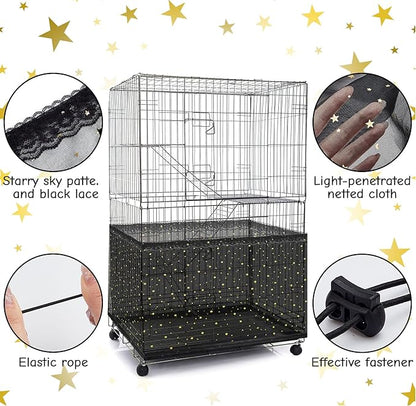 Shappy Large Bird Cage Birdcage Nylon Mesh Net Cover Seed Feather Catcher Universal Birdcage Cover Bird Seed Guard Skirt for Parakeet Macaw African Square Cage (Black Star Style, XL)