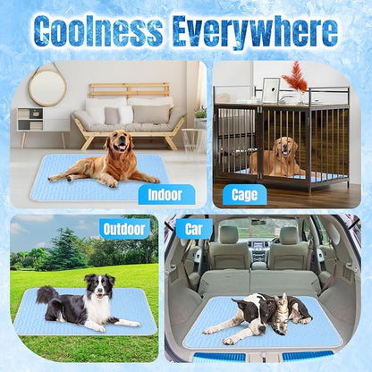 Self Cooling Dog Mat for Large Dogs - Ice Silk Pet Cooling Pad 35"x55" (90x140cm), Machine Washable, Non-Slip for Crate/Car/Floor, Summer Relief Indoor & Outdoor Use (Blue)