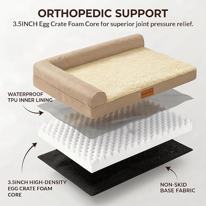 Patas Lague Orthopedic Jumbo Dog Bed for Extra Large Dogs 56''X40'', Waterproof L Bolster Pet Sofa Beds with Removable Washable Cover, Soft Comfortable Pet Couch Crate Mat with Nonskid Bottom, Cream