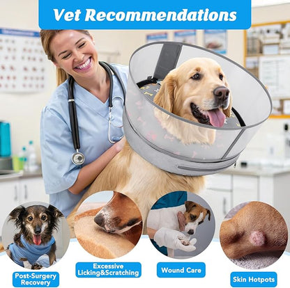 Inflatable Dog Cone with Anti-Licking Clear Shield, Protective Dog Donut Collar After Surgery, Adjustable Soft Recovery Cone for Pets, Alternative Collar with Buckle Strap (Grey Paw, XL)