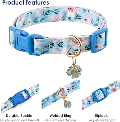Cotton Dog Collar Blue Flower Pattern for Boys and Girls Cute Dog Collars Summer Fall Gift Adjustable for Small to Medium Breed Dogs (XS)