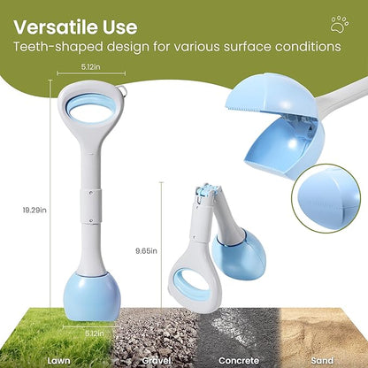 Dog Pooper Scooper Portable with Bag Attachment, One Handed Foldable Design, Includes 120 Waste Bags and Dispenser, 19 Inch Handle for Grass Yard Gravel Cleanup (Blue)