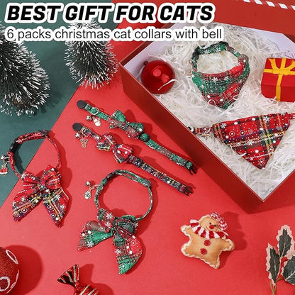 6 Pack Christmas Cat Collar with Bow Tie Bandana and Bell, Breakaway Adjustable Cat Bow Tie Collars, Xmas Accessories for Kittens Or Certain Puppies