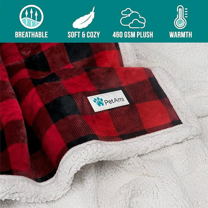 PetAmi Dog Blanket for Medium Large Dogs, Pet Bed Blanket Cat Puppy Kitten, Fleece Furniture Couch Cover Protector Sofa Car, Soft Sherpa Dog Throw Plush Reversible Washable, 40x60 Checker Red