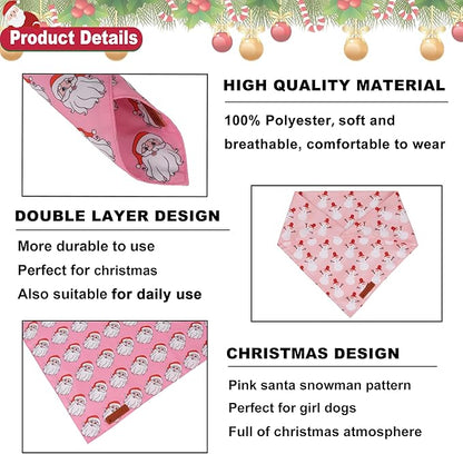 ADOGGYGO Pink Christmas Dog Bandanas 2 Pack, Reversible Santa Snowman Xmas Scarf Bib, Adjustable Fit Pink Christmas Bandana for Small Dogs Girl (Small)