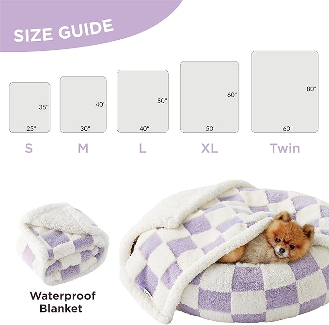 LE SURE Waterproof Dog Blanket for Medium Dogs - Washable Double Sided Dog Blankets with Warm Jacquard Shag and Soft Sherpa Fleece, Pet Cat Blanket for Couch Protection, 3D Textured Checks, Purple