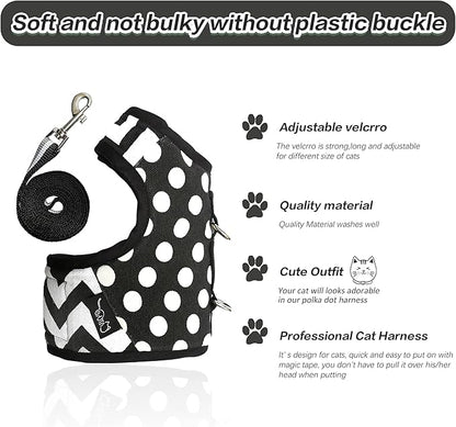Cat Harness and Leash for Walking Escape Proof, Adjustable Cat Vest Harness, Padded Stylish Cat Walking Jackets, Polka Dot Black, Medium