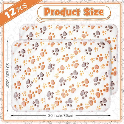Tegeme 12 Pcs Pet Blankets Soft Fluffy Fleece Dog Cat Warm Paw Print Pattern Blankets Flannel Throw for Pets Dog Puppy Cat(30 x 20 Inch,White)