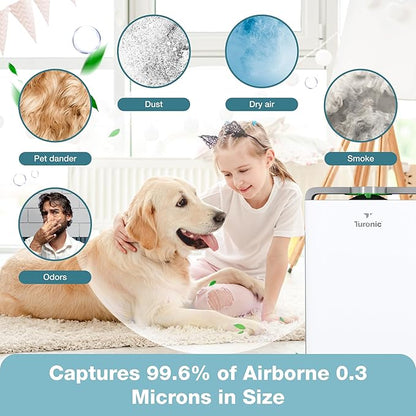 Turonic PH950 Air Purifier and Humidifier Combo for Large Rooms – HEPA, UV, Ionizer, PM2.5 Sensor, Cold Catalyst – Air Purifier for Home Pets with 8 Speeds, App Control, Remote, Filters, Humidifier