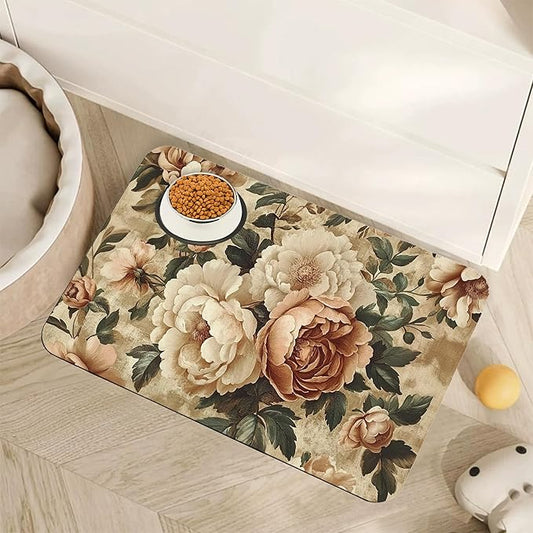 Roses Peonies Pet Feeding Mat,Vintage Luxury Shabby Chic Flower Absorbent Quick-Dry Cat Dog Food and Water Bowl Mats,Non-Slip Rubber Backing Mat,Cat Dog Accessories Supplies 16"x24"
