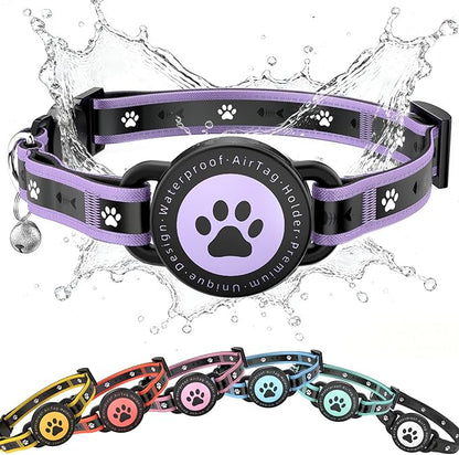 Airtag Cat Collar Breakaway, Reflective Cat Collar with AirTag Holder and Bell, Compatible with Apple Air Tag, Comfortable Padding, Adjustable, Durable (Purple, XS)