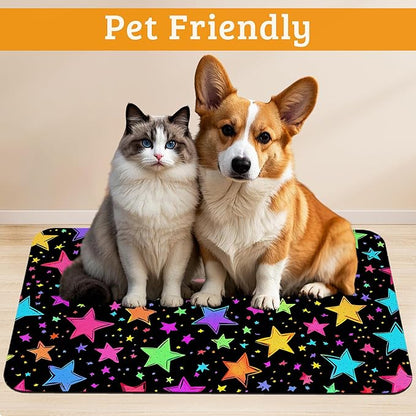 Neon Stars Dog Food Mat,Bright Colorful Absorbent Pet Feeding Mat for Food and Water Bowl,Quick Dry Dog Placemat Non Slip Rubber Backing Waterproof Pet Supplies 16" x 24"