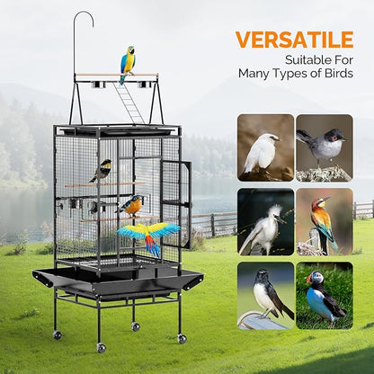 VINGLI 83 Inch Bird Cage with Play Top, Large Wrought Iron Bird Cage with Wheels, Rolling Parakeet Cage with Removable Tray for Cockatiels Lovebird Finches Canaries