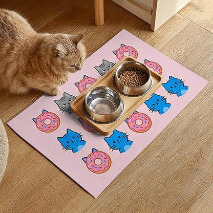 Cat Feeding Mat 24x16 inch Donut Cat Print Pet Bowl Placemat Non Slip Floor Mat for Food and Water Indoor Kitty Feeding Station Cute Meal Pad for Small Pets Kitchen Use