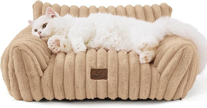 Bedsure ComfyFleece™ Cute Cat Couch for Pets - As Seen on TV on Good Day New York, Fuzzy Cats beds for Indoor Cats with Removable Washable Cover, Supportive Pet Sofa, 24inch, Sandy Beige