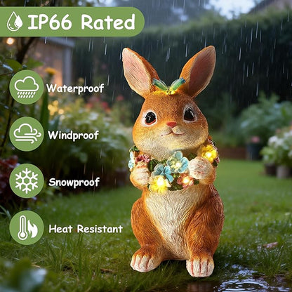 Solar Garden Statues Outdoor Easter Bunny Decorations with Butterfly & Flowers Spring Decor with 6 LED Night Accent Lights for Patio, Yard & Lawn, Easter Gift for Mom, Valentines Day Figurine