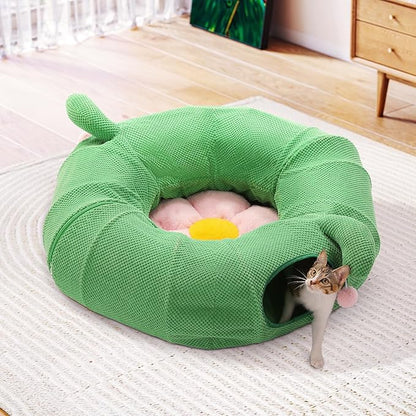 PEQULTI Cat Tunnel with Bed for Indoor Cats, Cat Play Donut Tunnel with Washable Soft Plush Flower Mat, Round Tube Toys Cute Tube for Kittens, Puppies, Rabbits and Ferrets, Green&Pink
