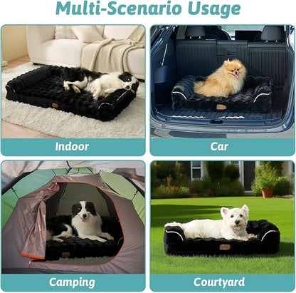 Faux Rabbit Fur Orthopedic Dog Bed, Dog Bed for Large Size, Supportive Foam Pet Sofa with Waterproof Lining Cover, Washable U-Shaped Pet Couch with Anti-Slip Bottom, Black L 36x27x6.5 inch