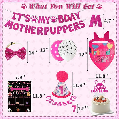 Hot-Pink Dog Birthday Party Supplies Pet Birthday Bandanas Girl Doggy Birthdays Hat Bow Tie Greeting Card Numbers It’s My Bday Mother Puppers Sign Banner for Medium Large Pets