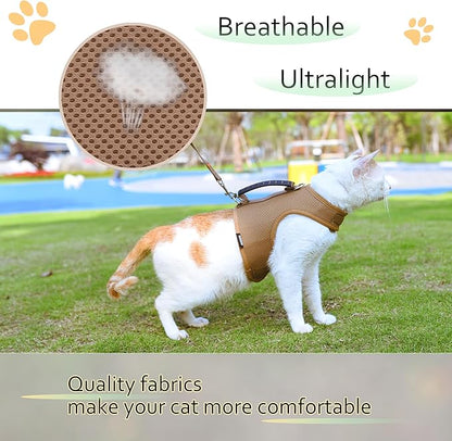 Cat Harness and Leash for Walking Escape Proof Breathable Mesh Fabric, Solid Brown, Extra Large, Adjustable Cat Walking Jackets with Handle, Padded Stylish Cat Vest