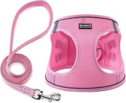 BOOMIBOO Dog Harness with Leash Set, No Pull Adjustable Reflective Step-in Puppy Pet Vest Harnesses for Small Medium Large Dogs and Cats,Pink L