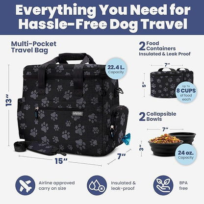 The Original Doggy Bag™ - Complete Dog Travel Bag for Supplies with 2 BPA-Free Travel Dog Bowls & 2 Pet Food Containers - Traveling Kit for Road Trips, Camping, Weekend Away or Doggy Gift: Paw Print