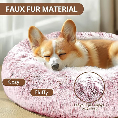 JOLLYVOGUE Calming Dog Bed Medium Size Dog, Anti-Anxiety Donut Medium Pet Bed, 27 inches Fluffy Faux Fur Round Cat Bed (Smoke Pink)