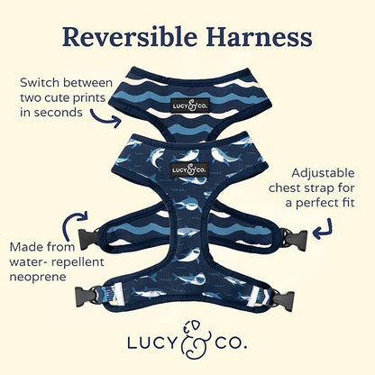 Lucy & Co. Reversible Dog Harness Walking Halter - Harnesses for Small Medium Large XL Dogs - Padded Adjustable - for German Shepherd, Pug, French Bulldog, English Bulldog (X-Small, Shark Attack)