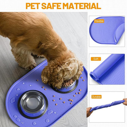 Hubulk 100% Waterproof Silicone Pet Feeding Mat with Raised Edge for Food and Water, Dog Bowl Mats, Cat Bowls Placemat with High Lip Protects Floor for Cats and Dogs (Purple, 19" L x 12" W)