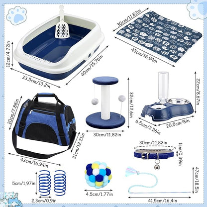 Eccliy Kitten Starter Kit, 10 Pcs Cat Starter Kit for Indoor Cats Kitten Essentials Includes Litter Box, Pet Toy, Folding Carrier, Climbing Frame, Mat, Collar, Automatic Food Bowl (Classic,Dark Blue)