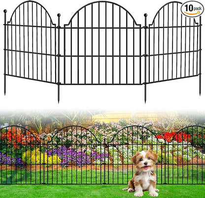 10 Panels No Dig Decorative Outdoor Garden Fence, 24in (H) x20ft (L) Animal Barrier Fencing for Dog, Arched Flower Bed Edging, Rustproof Metal Wire Panel Border with Temporary Ground Stakes