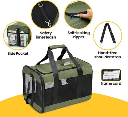 Cat Carrier Airline Approved, Soft-Sided Dog Carrier with Inner Safety Leash, Pet Transport Carrier for Small-Medium Cats Puppies up to 15 Lbs, Collapsible Travel Kitten Carrier Bag -Green M