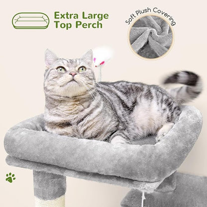 Globlazer Cat Tree Tower for Indoor Cats, 50-inch Adult Cat Tree House for Large Adult Cats with Steps, Scratching Post, 2 Cat Caves, Dangling Toys, FC50, Light Grey