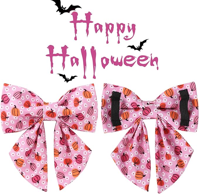Halloween Pumpkin Dog Collar with Bow Tie, Pink Halloween Puppy Bowtie Collar with Adjustable Metal Buckle,Fancy Dog Collar Bowtie for Girl Boy Dog,L