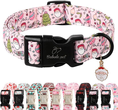 Christmas Dog Collar for Medium Dogs - Cute Santa Print Pink Christmas Collars for Dogs, Soft Adjustable Winter Holiday Dog Collars with Quick Release Buckle M