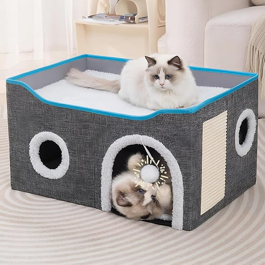 Cat Houses for Indoor Cats - Large Cat Bed Cave with Scratch Pad and Fluffy Ball, Foldable Cat Condo Hideaway with Reversible Cushion for Multi Small Pet, Light Grey