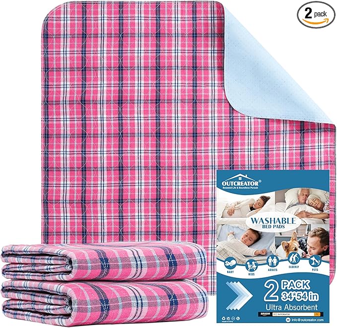 OUTCREATOR® Washable Bed Pads 34" x 54" (Pack of 2) for Incontinence Mattress Protector, Reusable Underpads for Elderly, Adults, Kids, Pets with Anti-Slip Bottom (Pink Plaid)
