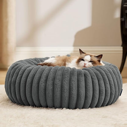 Bedsure ComfyFleece™ Cat beds for Indoor Cats - Donut Dog Beds for Small Dogs with Corduroy Fleece & Anti Slip Bottom, Faux Fur Pet Beds with Washable Removable Cover, Warm Grey, 20x20x6 inches