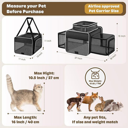 Top and 2 Sides Expandable Cat Carrier 18x11x11, TSA Airline Approved Dog Carriers for Small Dogs, Soft-Sided Pet Carrier with Self-Locking Zippers for Kitten,Rabbit, Puppy, Guinea Pig Black White