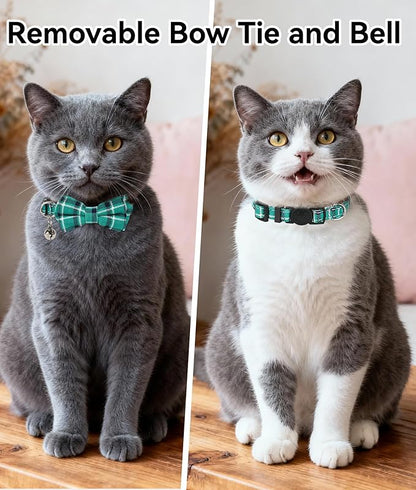 Joytale Upgraded Cat Collar with Bells, Breakaway Cat Collars with Bow Tie, 1 Pack Girl Boy Safety Plaid Kitten Collars, Teal
