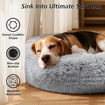 JOLLYVOGUE Calming Dog Bed Large Size Dog, Anti-Anxiety Donut Large Pet Bed, 36 inches Fluffy Faux Fur Round Cat Bed, Fits up to 75 lbs Pets (Smoke Grey)